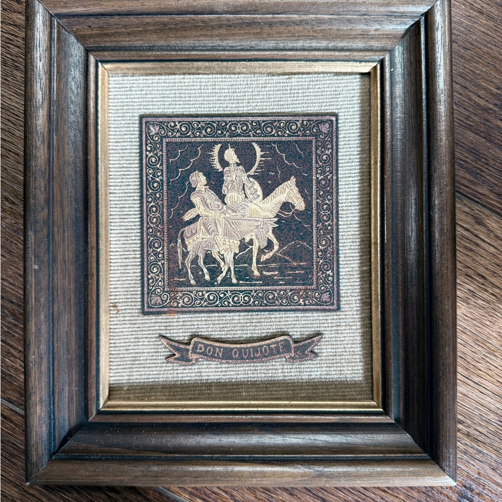 Vintage Don Quijote Framed Art with Brown and Gold Accents
